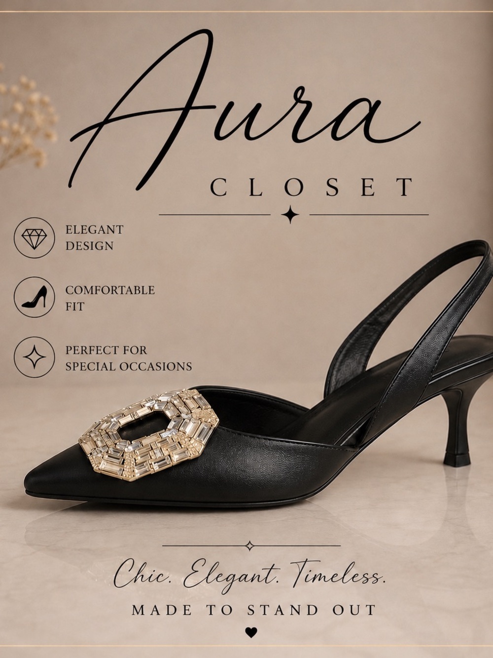 Closet Black Pointed Slingback Kitten Heel with Gold Jewel Buckle
